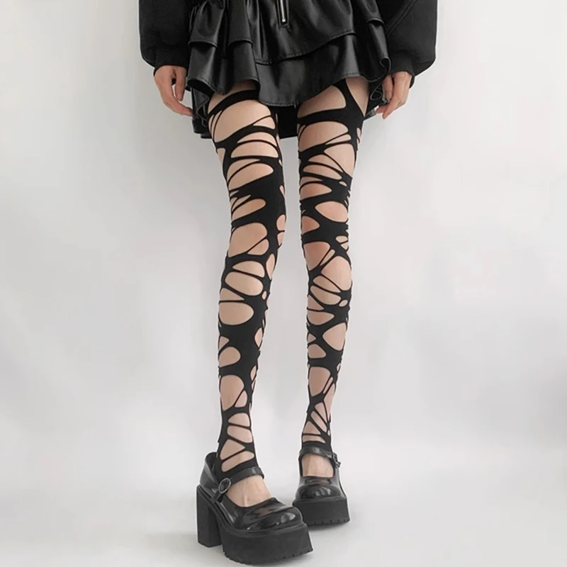 Sexy Schwarz Zerrissene Netzstrumpfhose Mode Frauen Gothic Punk Aushöhlen Enge Mesh Strumpfhosen Strümpfe Leggings Stil Streetwear – Detail 4