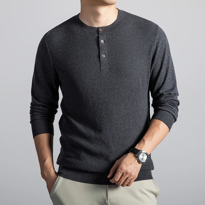 الرجال العصرية هنري طوق سترة 2025 الخريف الشتاء ليوسيل متماسكة الملابس أزرار الموضة الصوف مزيج تريكو البلوفرات البلوزات