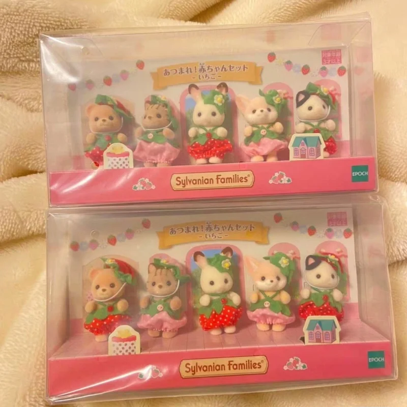 Hot Sale Sylvanian Families Five Person Strawberry Babies Set Anime Action Figure Room Decoration Doll Toys Birthday Xmas Gifts