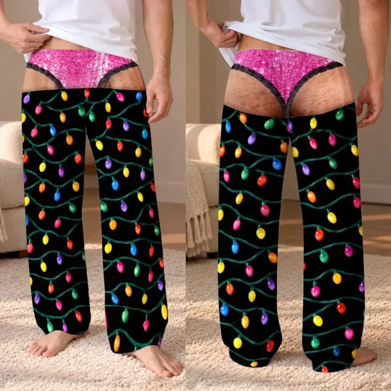 Men's Colorful Christmas String Lights Printed Buttocks Flip Elastic Waistband Fun Holiday Party Casual Loose Pants