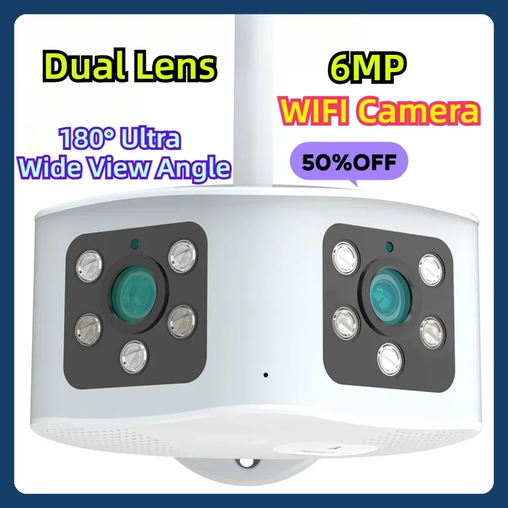 180° Ultra Wide View Angle Dual Lens  6MP Panoramic WIFI Camera AI Human Detection Alarm 6MP Outdoor Video Surveillance Camera