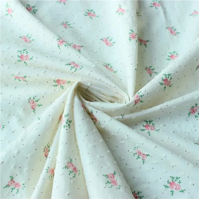 145x50cm White Pink Dot Rose Woven Cotton Jacquard Cut Sewing Cloth, Making Classic Small Floral Children's Clothing Fabric