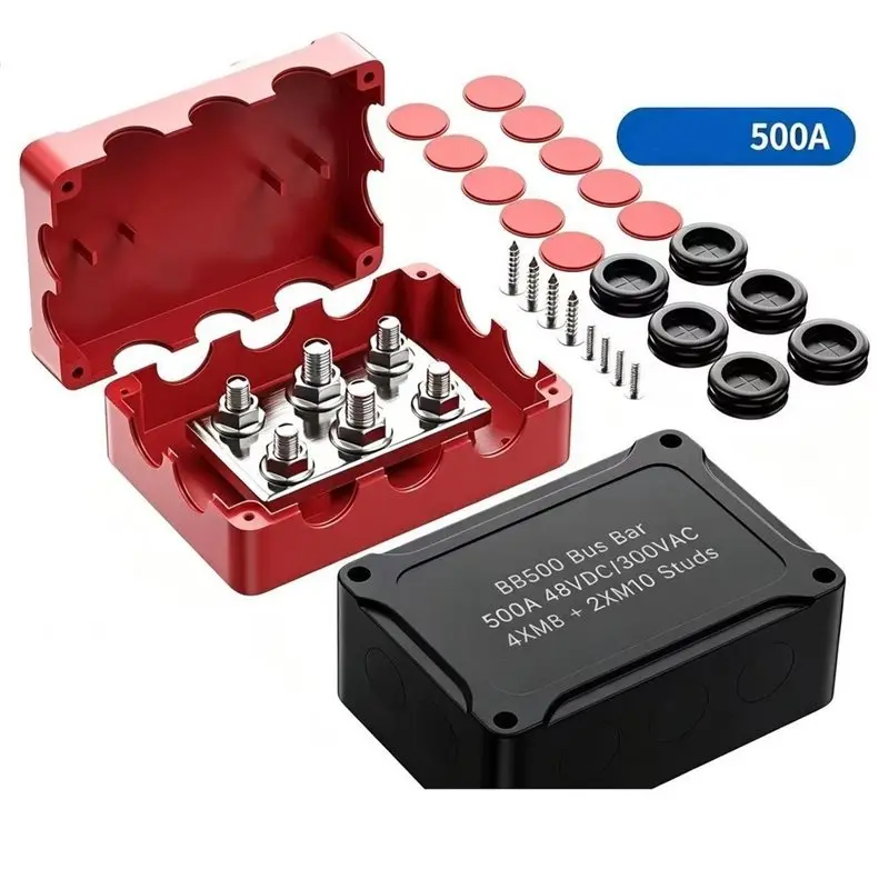 ABKJ-Heavy-Duty 500A 48V Negative Bus Bar 6-Position Dual-Stud Junction Box RV Solar Marine Boat Power Distributor Red