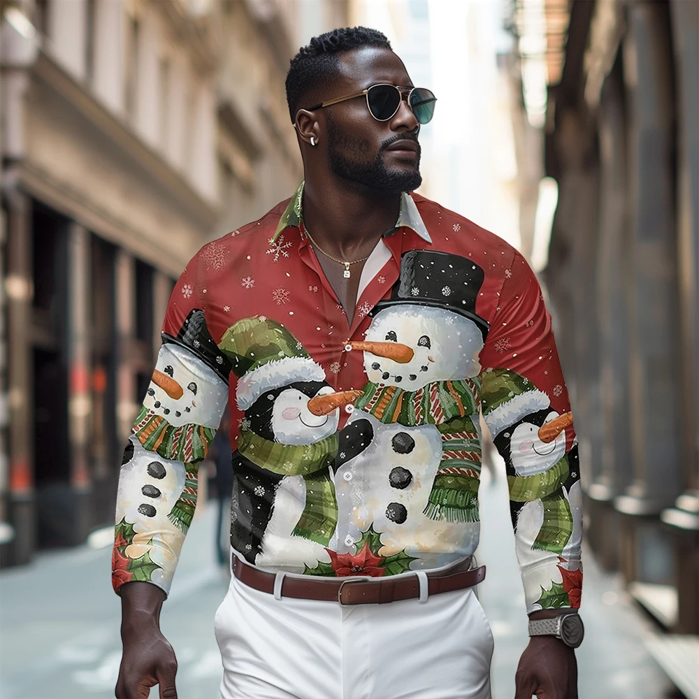 

Men's Casual Long-sleeved Shirts with snowman print，Button polo collar ，Suitable for Outdoor Wear in Spring Autumn