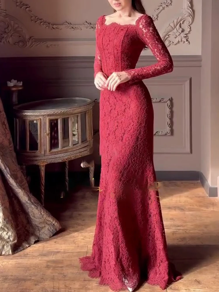 

Элегантное платье с кружевными ягодицами и рыбьим хвостом на весну и осень, новый стиль, платье с квадратным вырезом и длинными рукавами