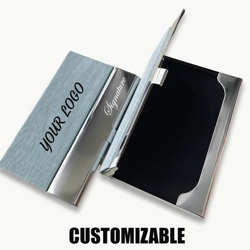 

Personalized Stainless Steel Business Card Case Engraving LOGO TEXT Custom PU Leather Name Card Box for Men Women Company