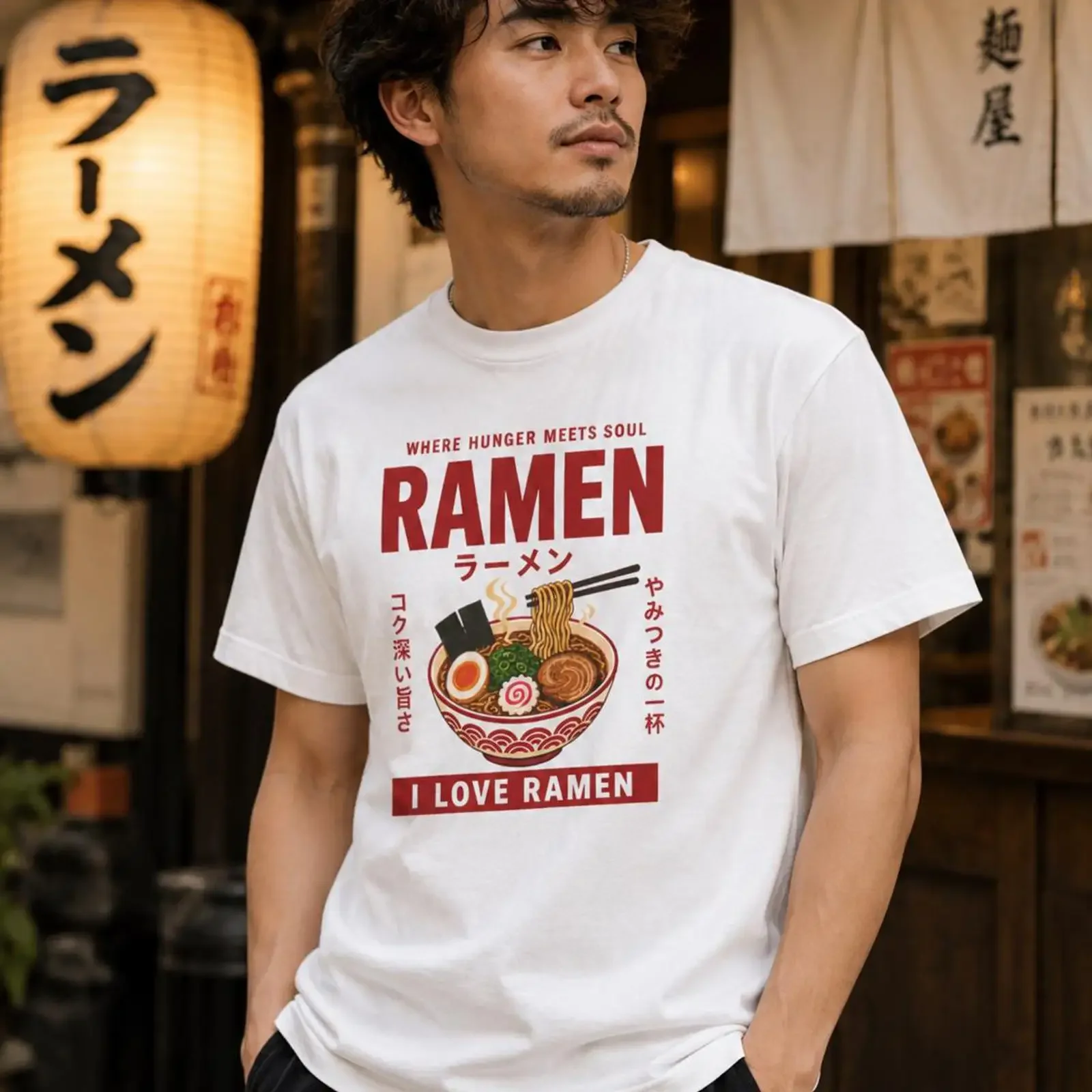 Camiseta Ramen con diseño de tazón de fideos japonés, I Love Japan Food Lover, estilo vintage, lavada, cómoda, transpirable, ropa de calle para hombre, suave