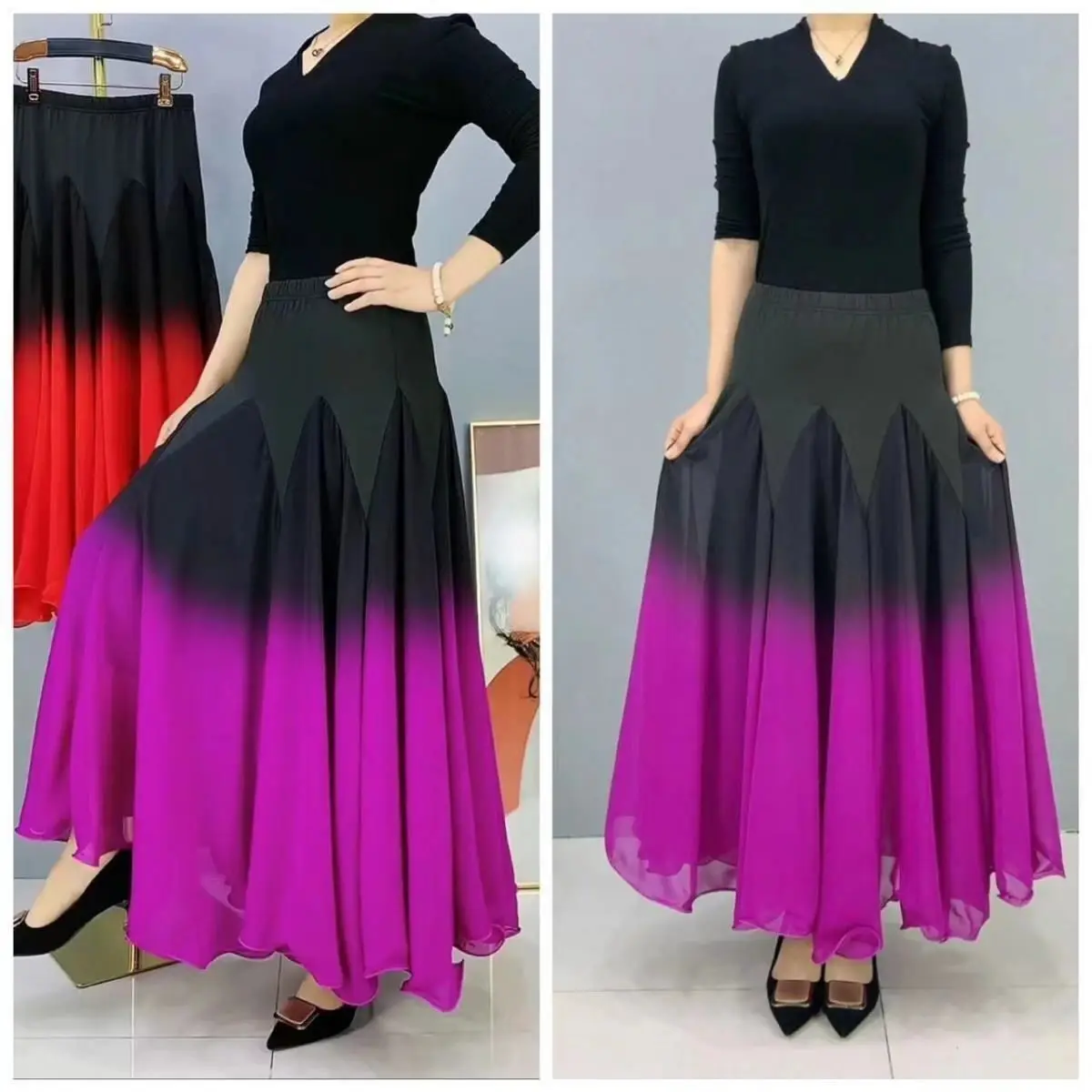 High Waisted Elastic Super Fairy Dance Half Skirt Gradient Square Modern Ballroom Dance Ethnic Dance A-line Mid Length Skirt