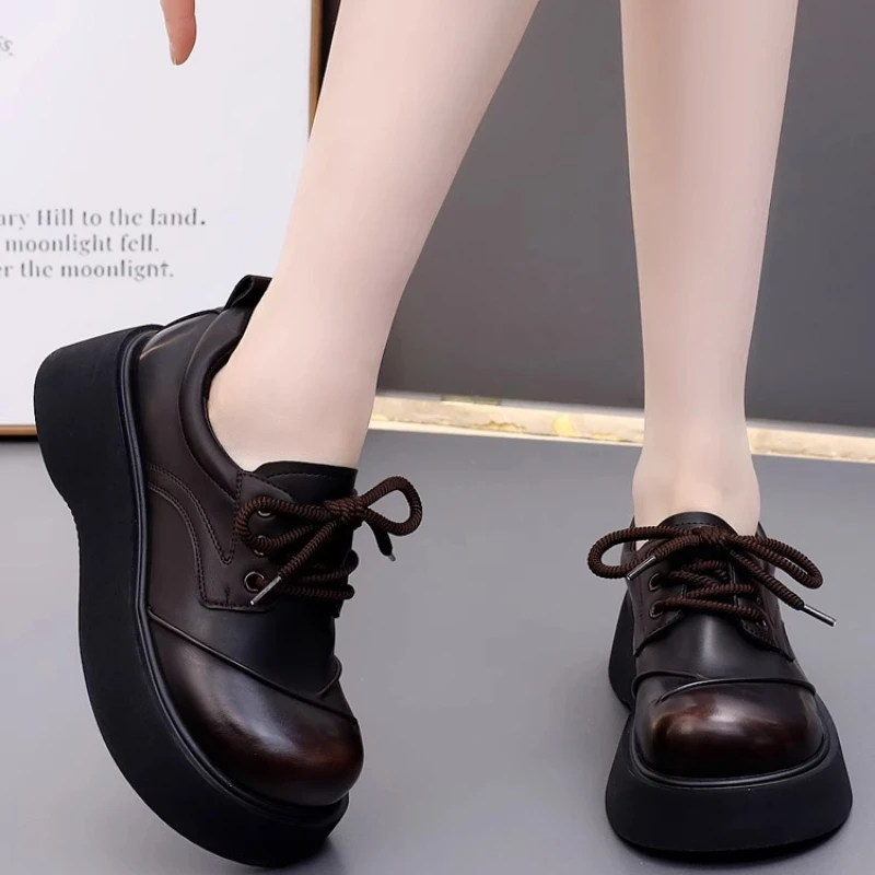 

British style retro single shoe women's spring new style sponge cake thick sole round toe casual versatile lace up shoes