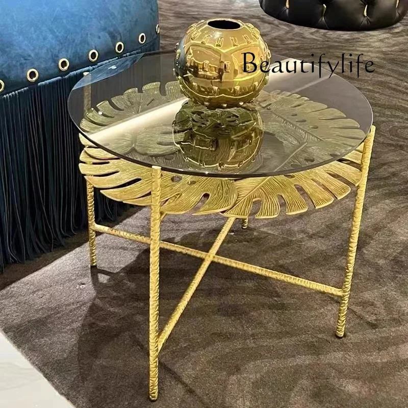 

Light luxury pure copper coffee table household villa living room tea table brass glass leaf shape luxury edge table