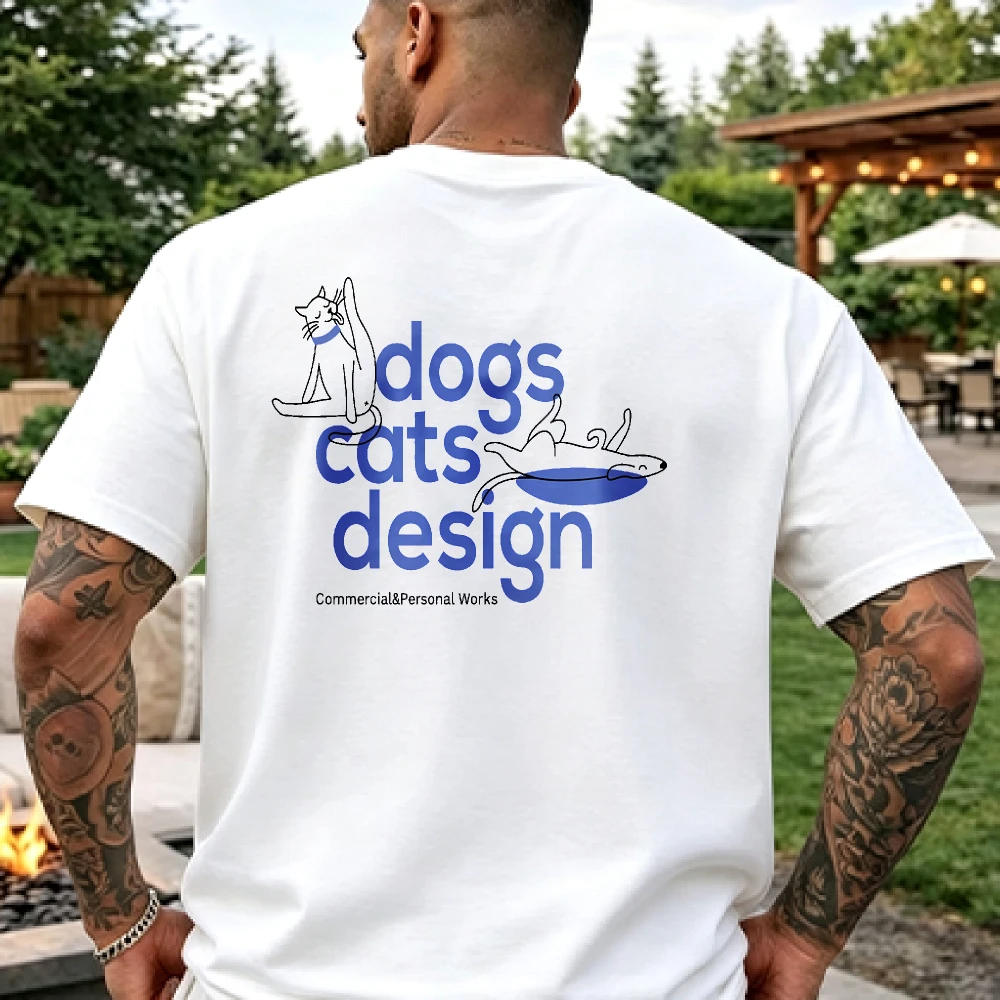 Dogs Cats Design Two Line Art Pet Playing on Frisbee Blue Gradient Font T Shirt Cotton Tee Cat and Dog Lover Simple Sketch Tops