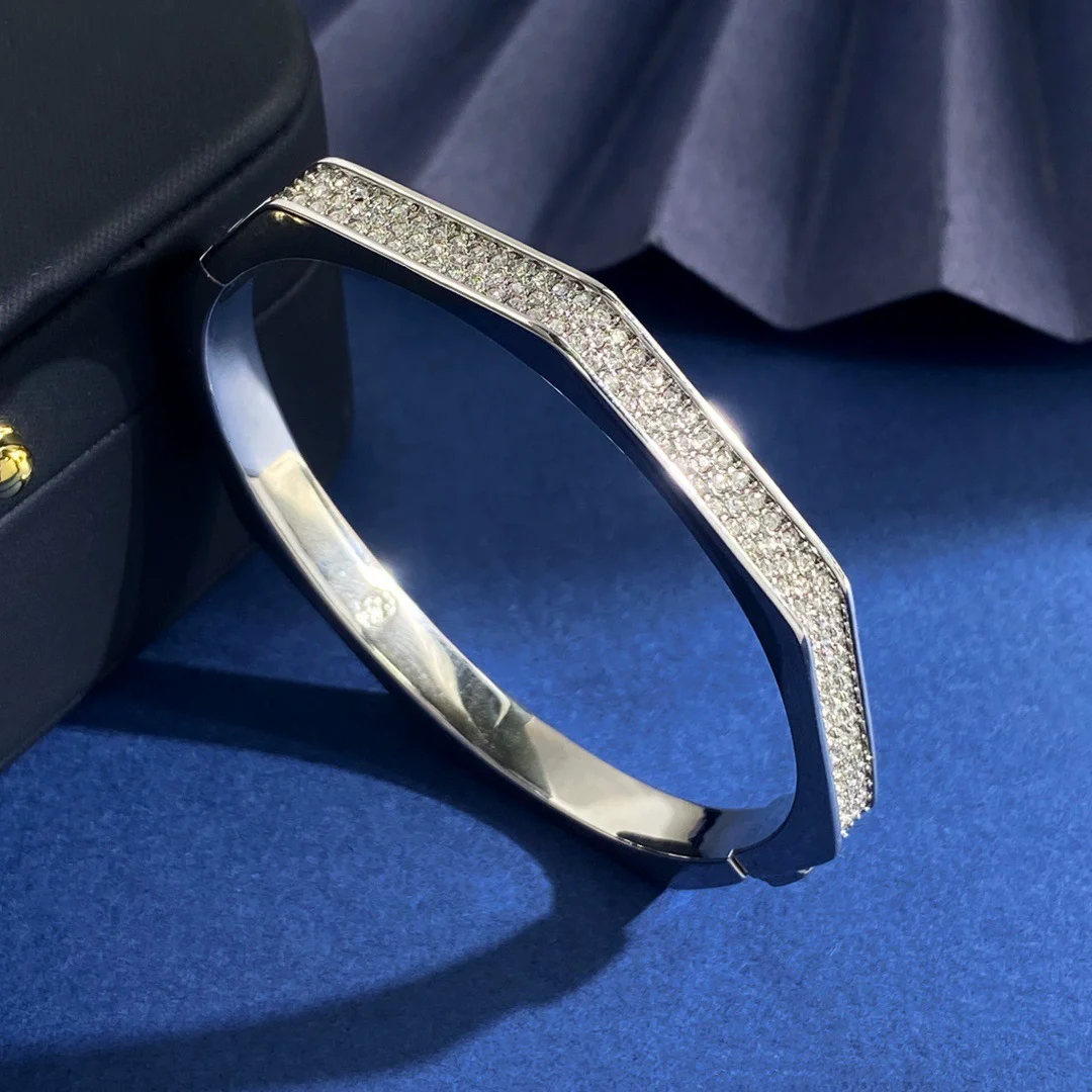 

Fashionable octagonal bracelet with half diamond inlay and half polished surface Unique fashion style shines with charm