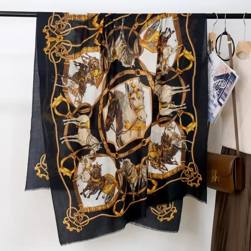 High-end Elegant Women Exquisite Steed Printed Quality Water Soluble Wool Handmade Fringe Warm Soft Long Scarf Shawl