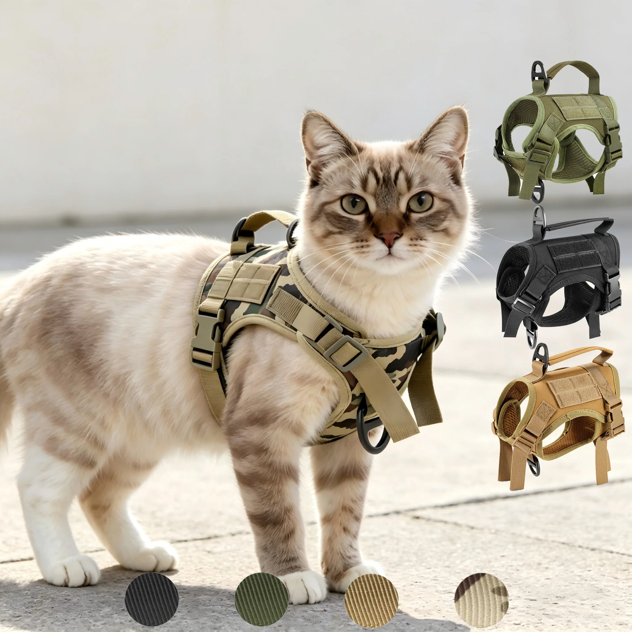 Tactical Cat Harness Vest Adjustable Small Dog Supplies Escape Proof Soft Mesh Handle For Outdoor Walking Pet Training Working