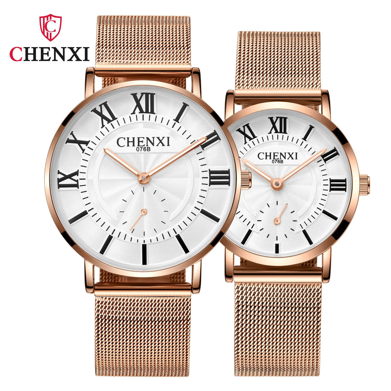 CHENXI 076B Couple Quartz Watch Fashion Simple Rome Rose Gold Silvery Mesh Belt Wristwatch for Men and Wmen Clock Gift