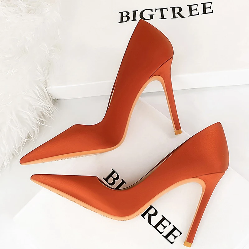 BIGTREE Shoes Fashion High Heels Silks Satins Women Pumps Pointed Shoes Lady Heels Stilettos Office Shoes Stilettos Plus Size 43