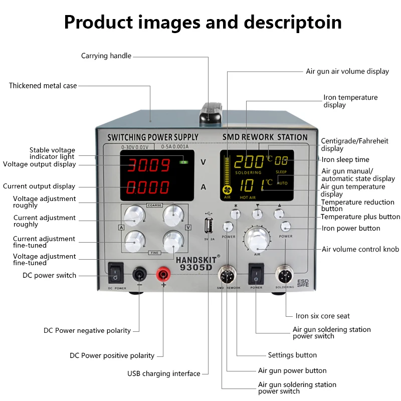 220V Power Supply DC 5V 2A 4 in 1 30V 5A SMD Hot Air Gun Rework LCD Display  Station+Soldering Iron Station Set