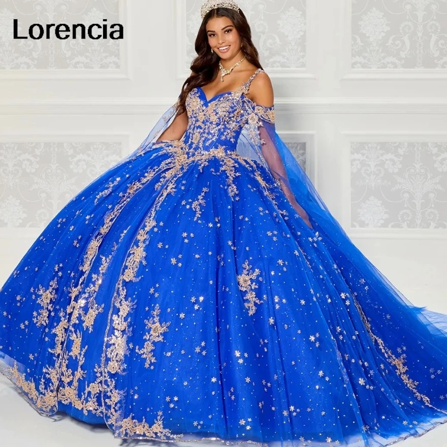 

Lorencia Royal Blue Quinceanera Dress Ball Gown Gold Lace Applique Beading With Cape Mexican Sweet 16 Vestidos De 15 Años YQD733