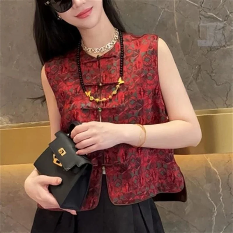 New Chinese Red Buckle Shoulder Vest Luxury Vest Women's Waistcoat Sleeveless Jacket Spring Autumn Temperament Top Coat