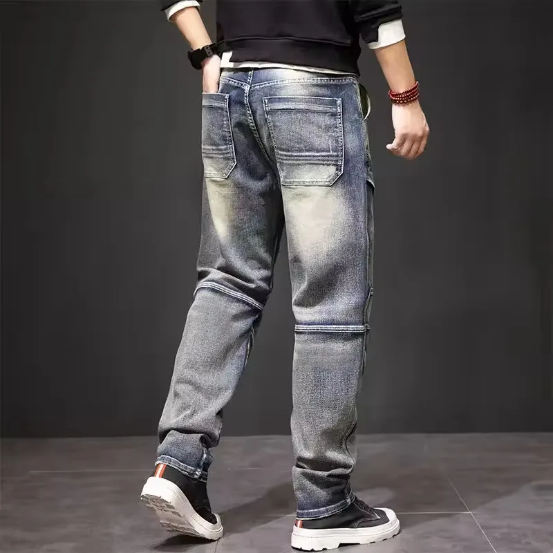Men Y2K Retro Washed Panel Stitching Straight Leg Jeans Patchwork Structured Hip Hop Denim Trousers