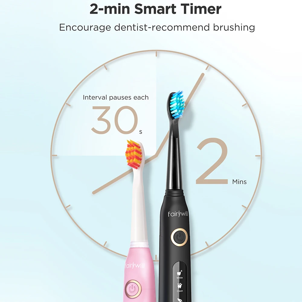 Fairywill Electric Toothbrush Timer IPX7 Waterproof 4-Hours Fast Charger Brush-Heads Replacement Powerful Sonic Toothbrush Gift