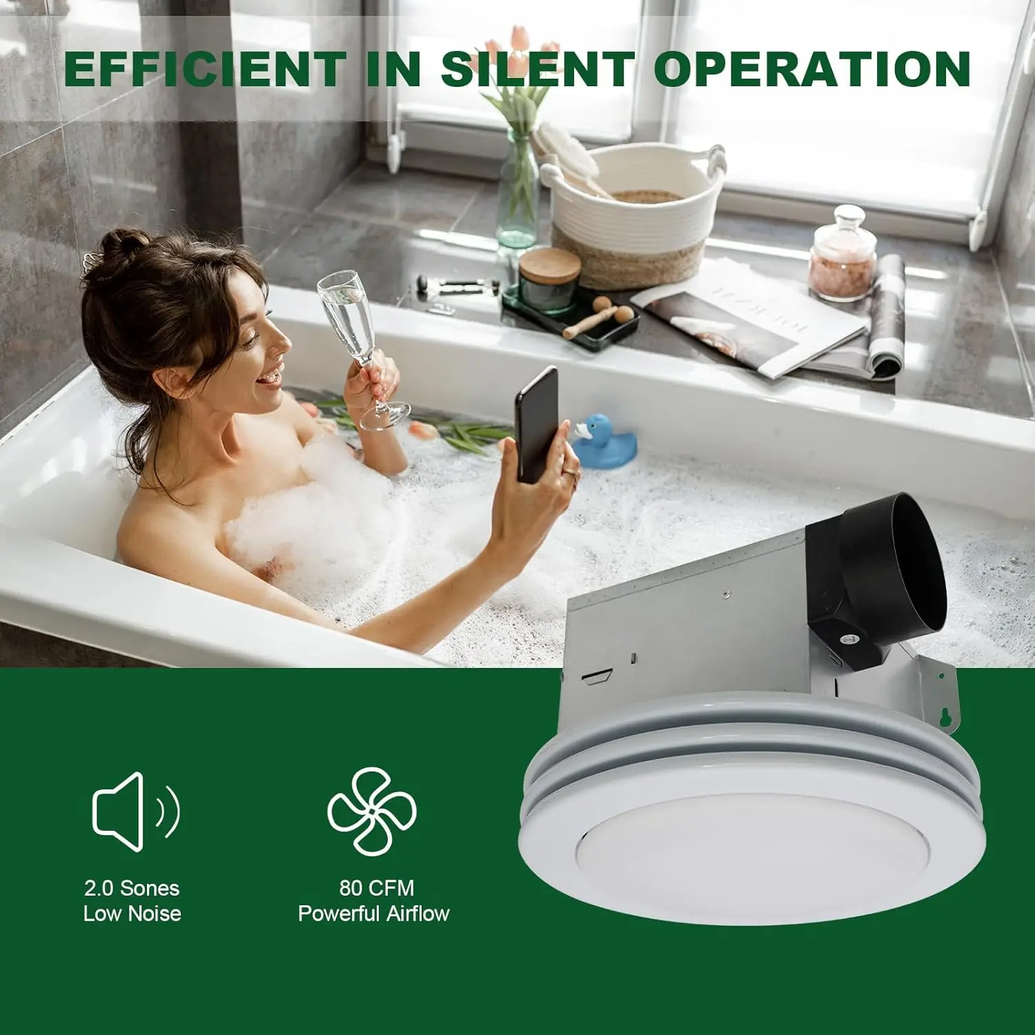 

Bathroom Exhaust Fan with Light, 80CFM 2.0 Sones Round Bathroom Fan Light Combo, Dimmable 3CCT LED with Acrylic Cover