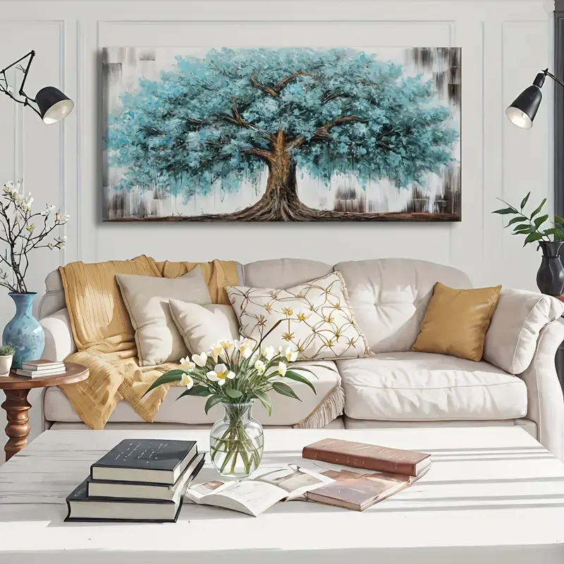 1pc (No frame),Large Tree of Life Canvas Painting Vibrant Abstract Artwork for Bedroom Living Room - Striking Blue Teal Modern W