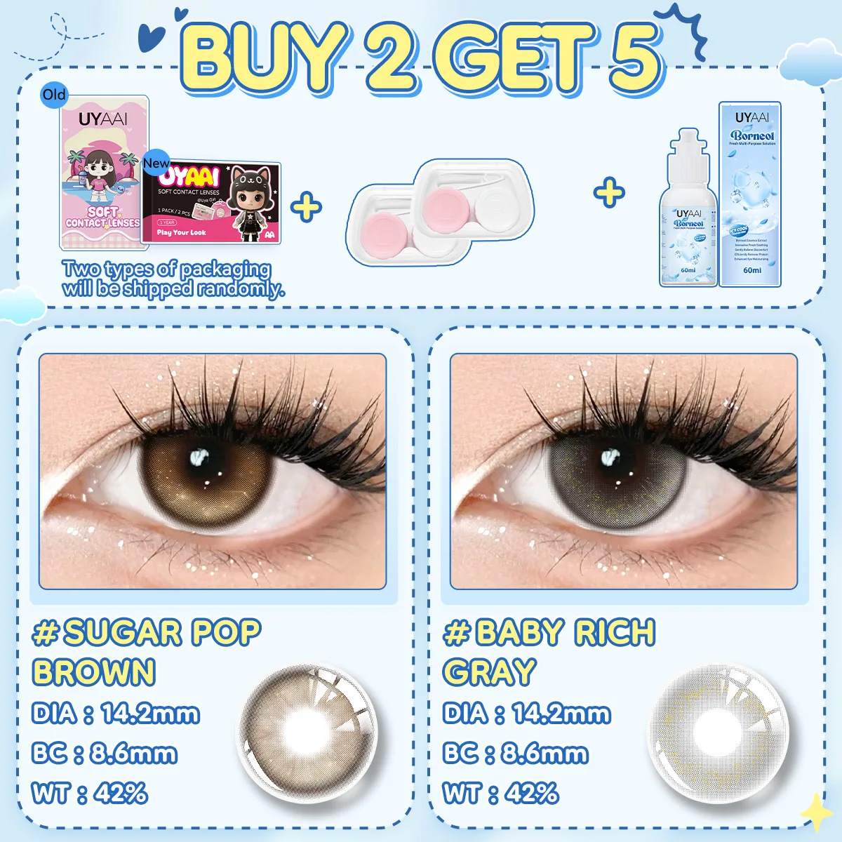 【Juego combinado marrón y gris】Juego de solución para el cuidado de lentes de contacto marrón y gris Bio-essence, diseño natural, para fiestas de viaje de maquillaje diario