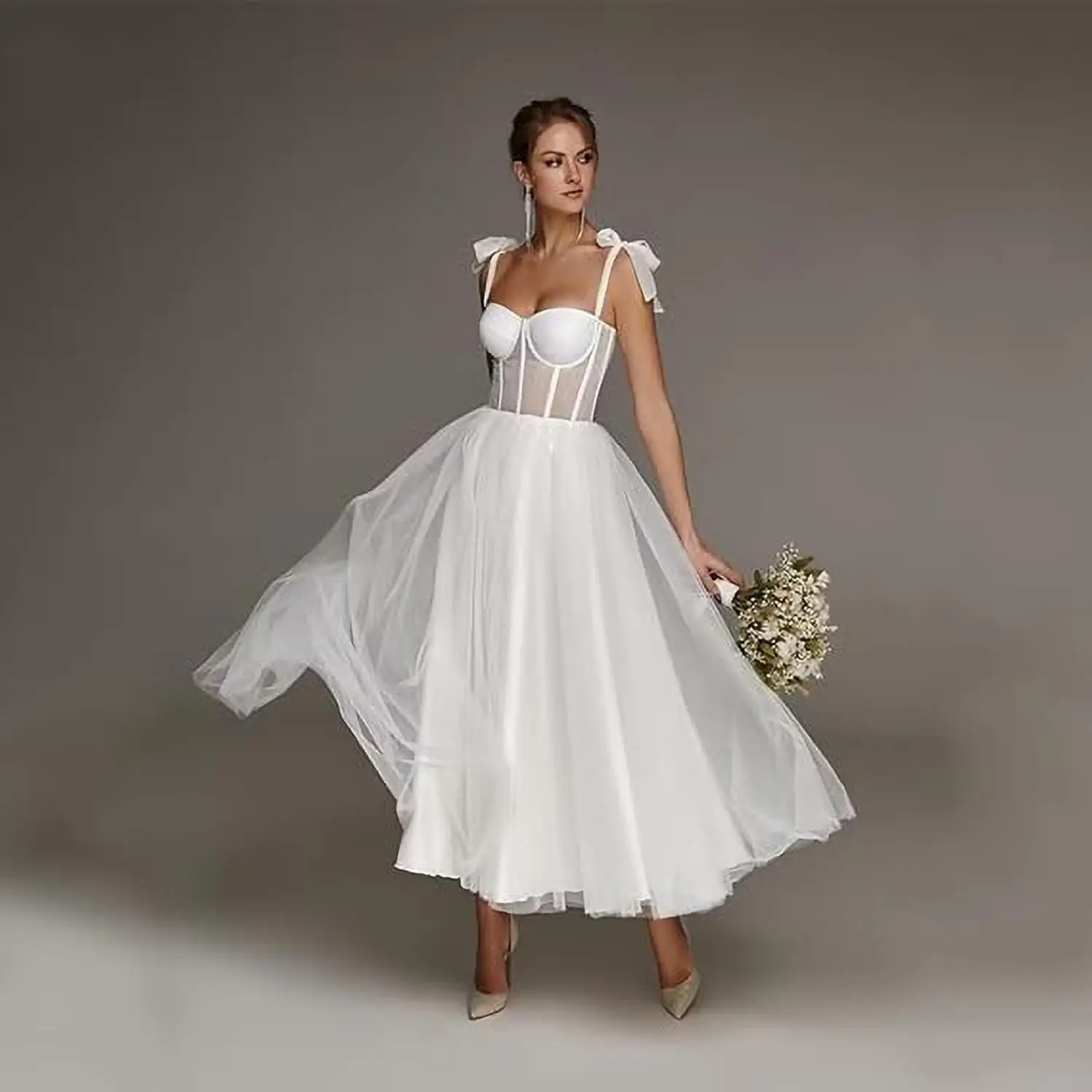 

Women's Sweetheart Wedding Dress for Bride Tea Length Tulle Bridal Gown A Line Spaghetti Straps Formal Bride Dress