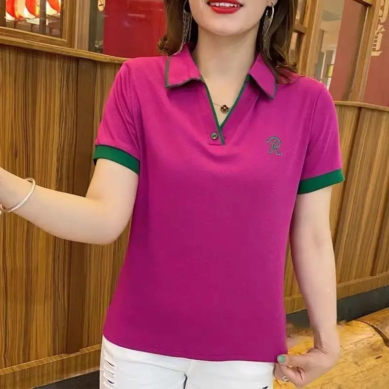 New Women Summer Contrast Color Letter Polo Shirts Female Casual Short Sleeve Tees Fashion Sports Joggers Tops Y2K Ropa De Mujer