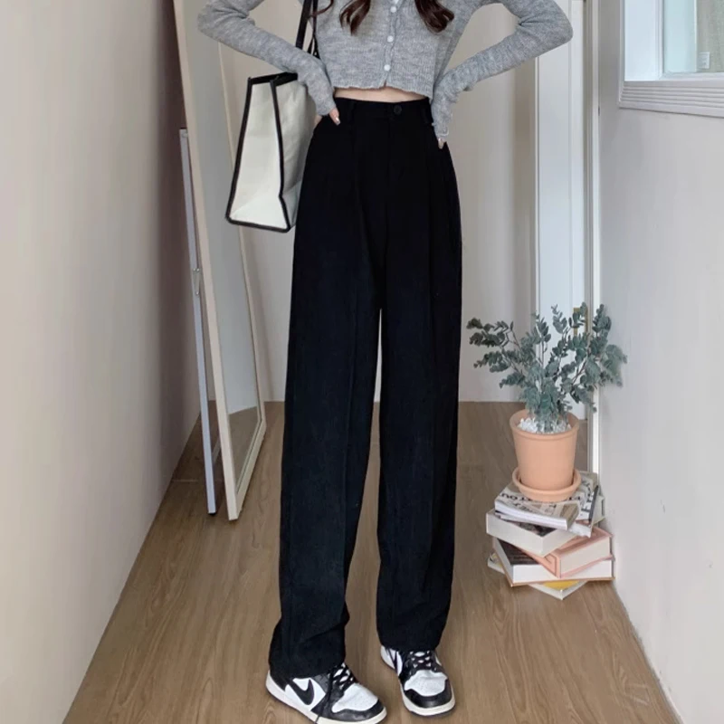 Vintage Women Clothes Fashion High Waist Straight Trousers Autumn Corduroy Pants Casual Solid Wide Leg Pants with Pockets 29096