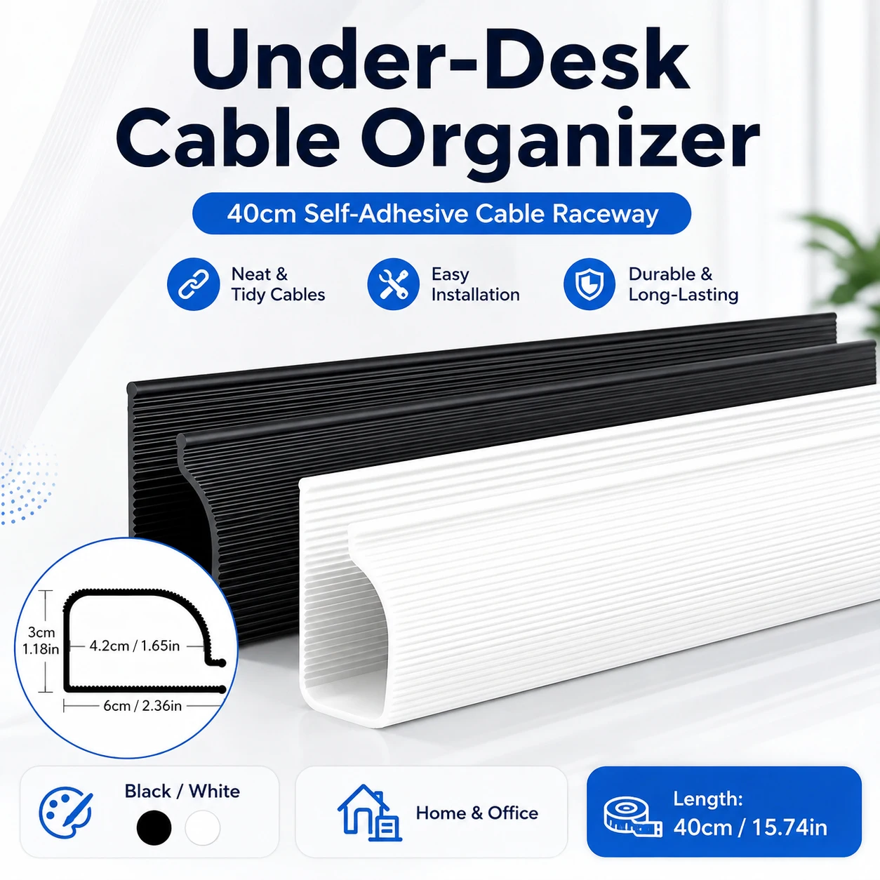 1/2/3Pcs 40cm Under Desk Cable Management Tray, Self-Adhesive Cord Organizer Raceway Wire Hider J Channel Cable Cover