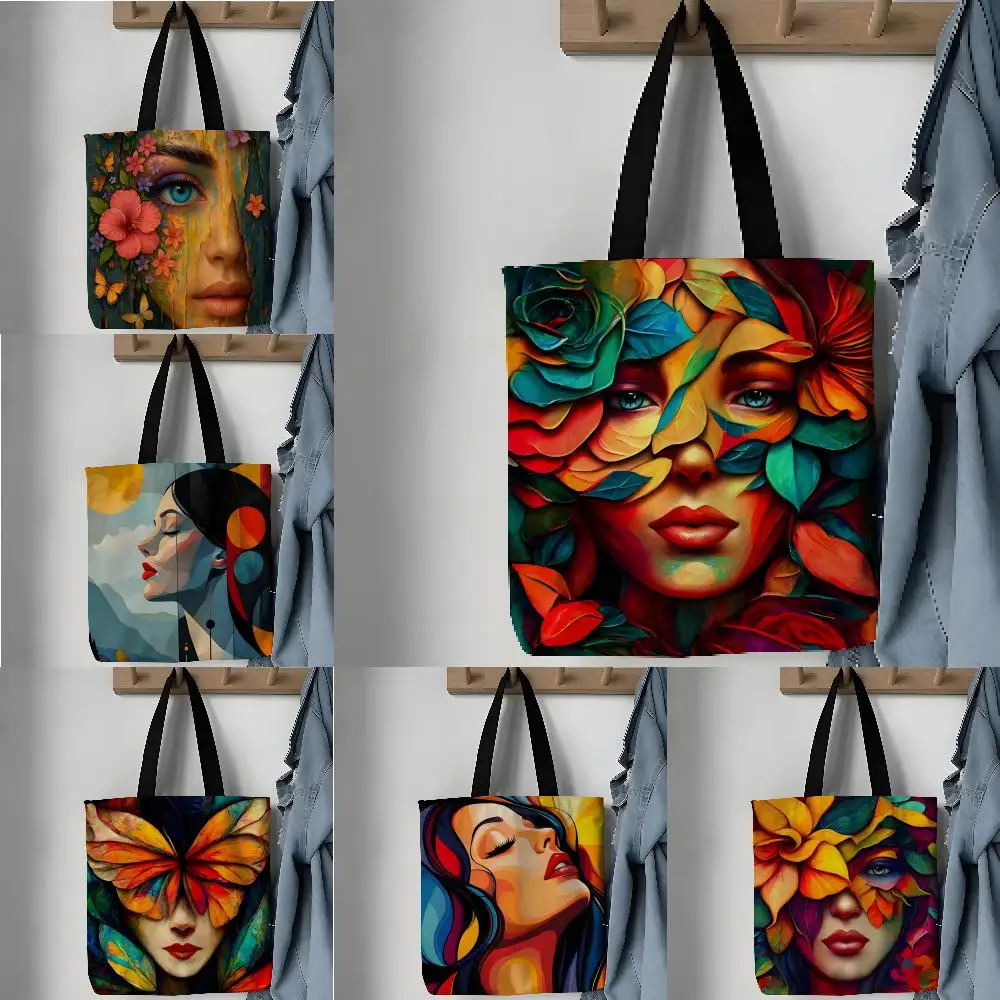 Storage Bags Pattern Tote Bag Aesthetic Canvas Shoulder Bag Lightweight Shopping Bag Square Bright Color Flower Girl