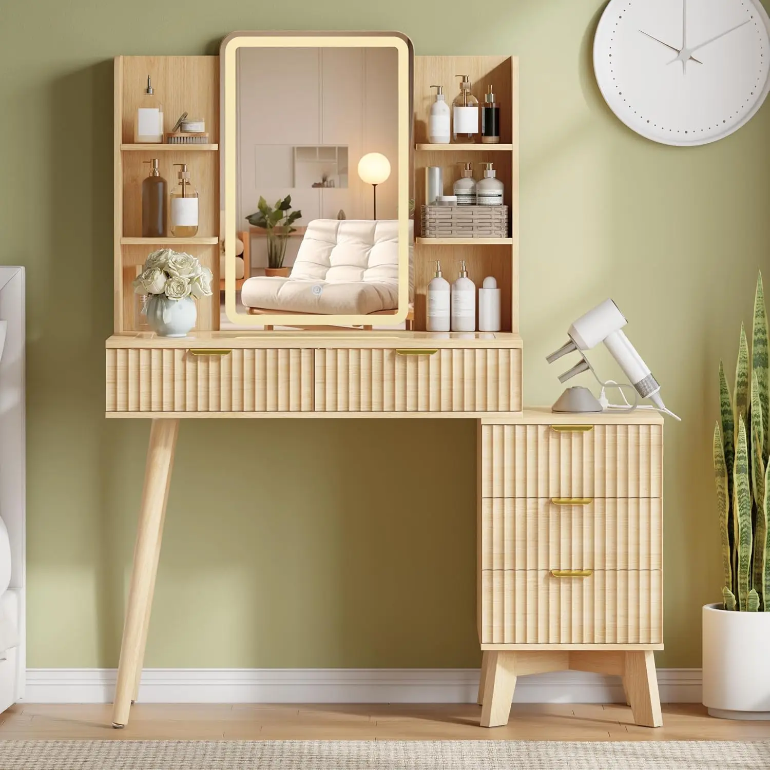 Fluted Makeup Vanity Desk with Mirror and Lights, 42