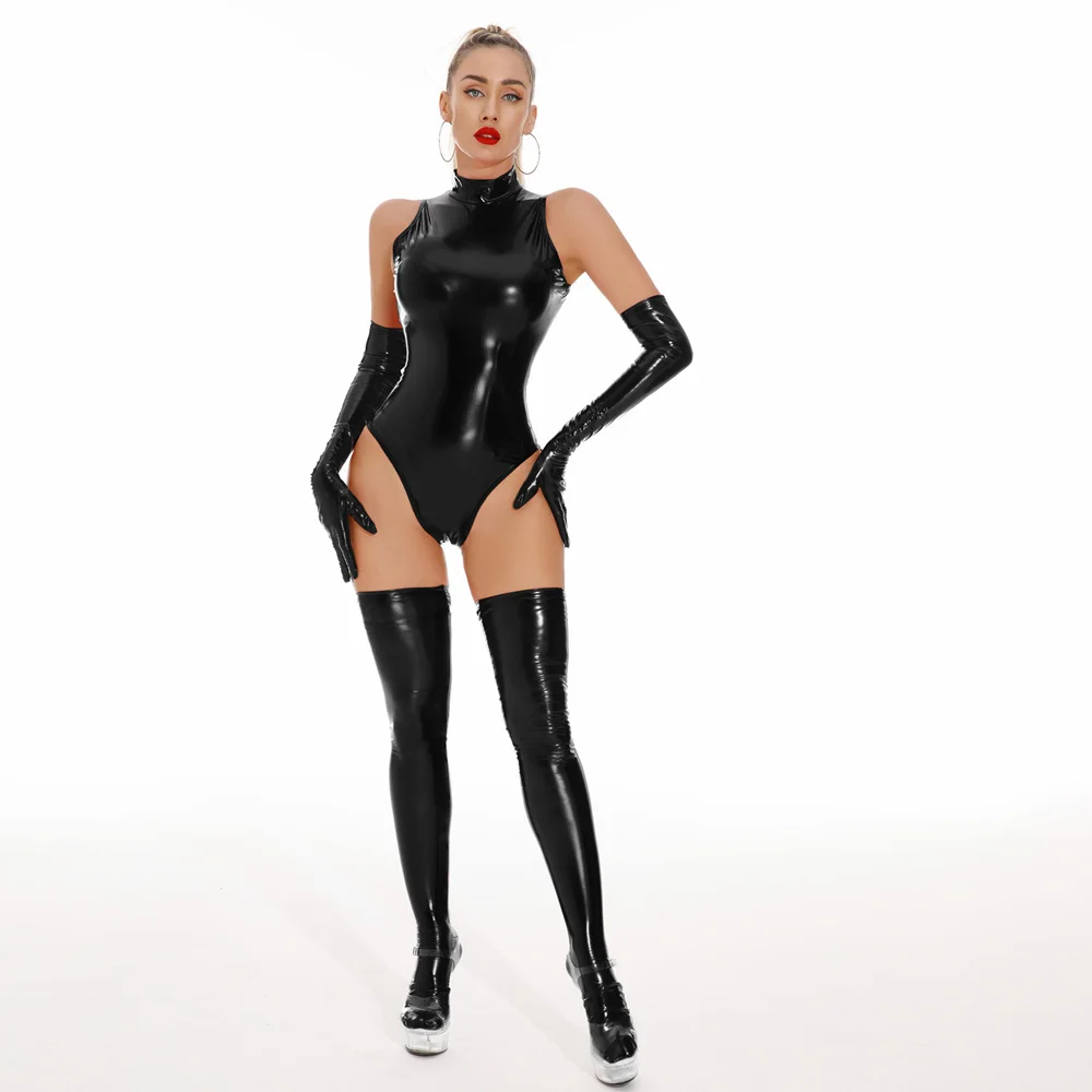 Sexy Women PU Faux Leather High Cut Bodysuit Cosplay Maid Sexy Tights Elastic One Pieces Thong Dance Leotard Shaper Wear