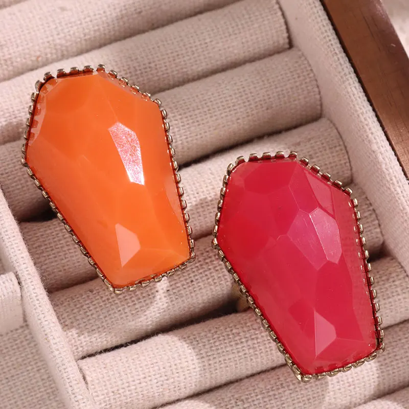 Exaggerated Abnormal Irregular Orange Rose red Resin Metal Chunky Ring for Women Girl Vintage Jewelry HUANZHI 2024 NEW INS