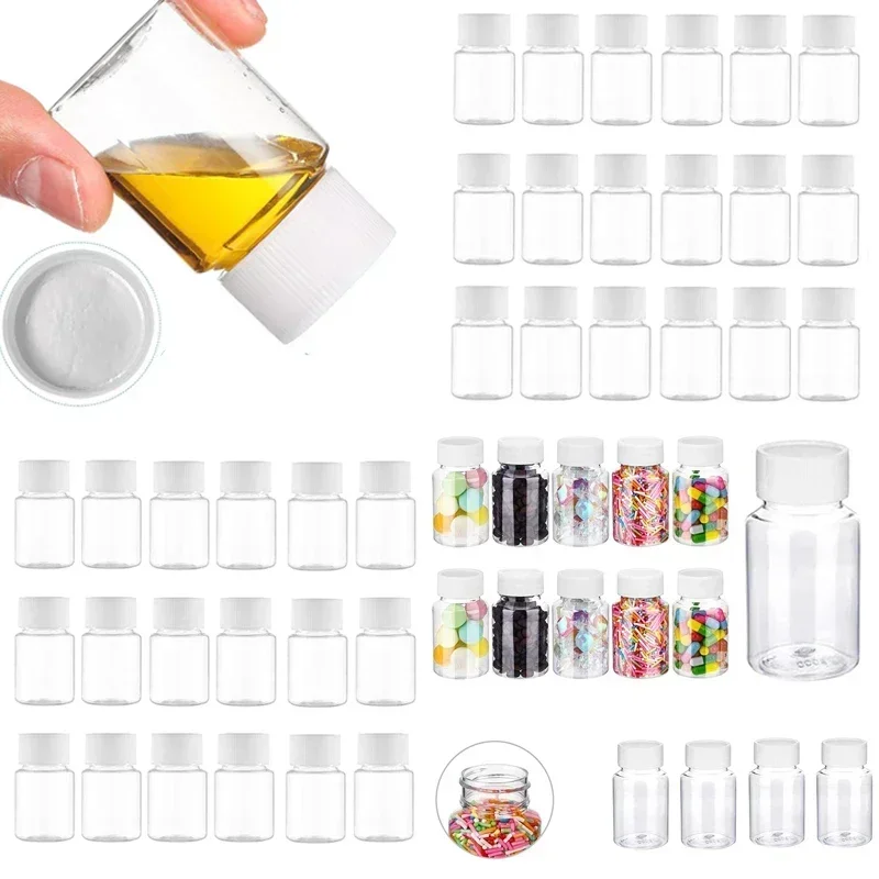 30Pcs 15-100ml Clear Plastic Pill Bottles Refillable Travel Tablet Airtight Container W/ White Cap Empty Powder Dispenser Bottle