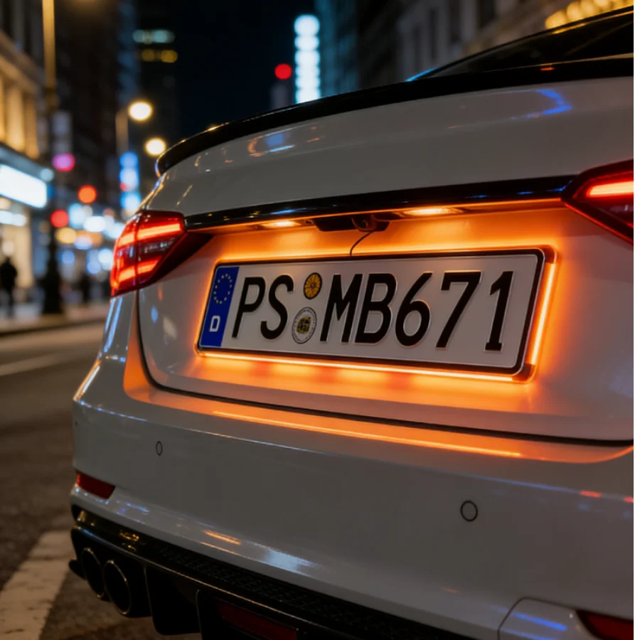 EU RGB LED License Plate Frame, APP Controlled Chasing Light, IP65 Waterproof 12V 700LM 50-LED Music Sync Brake Warning