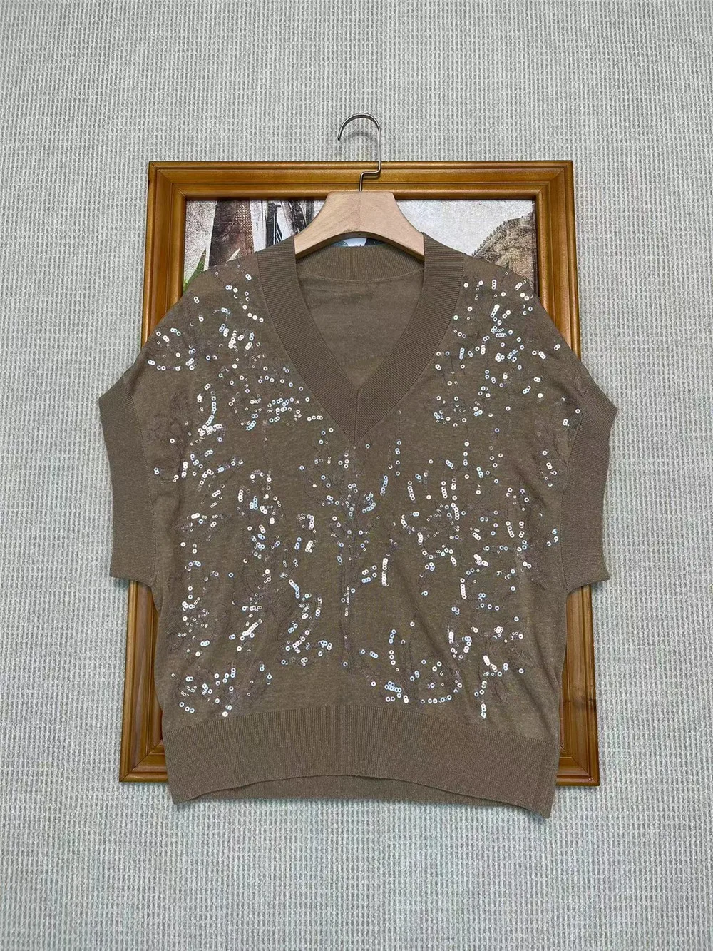 Fashion Sequins Embroidery Short Sleeve V-neck Linen Casual T-Shirt Top