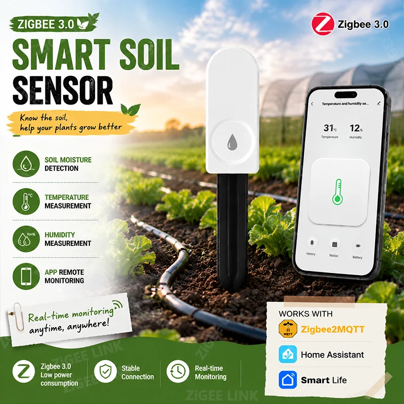 Smart Zigbee Soil Moisture Sensor Air Temp Humidity Detector Real‑time Plant Monitoring Device For Indoor Outdoor Garden Plants