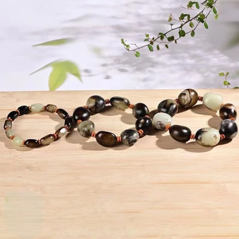 Xinjiang Hetian Jade Pebble Rough Stone Single Ring Bracelet Men's and Women's Ethnic Style Black Leather with Shape Beads