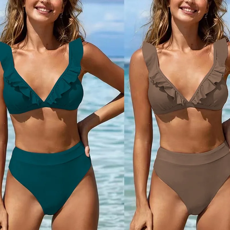 Fanan New split solid color bikini swimsuit for women's pleated multi-color swimsuit