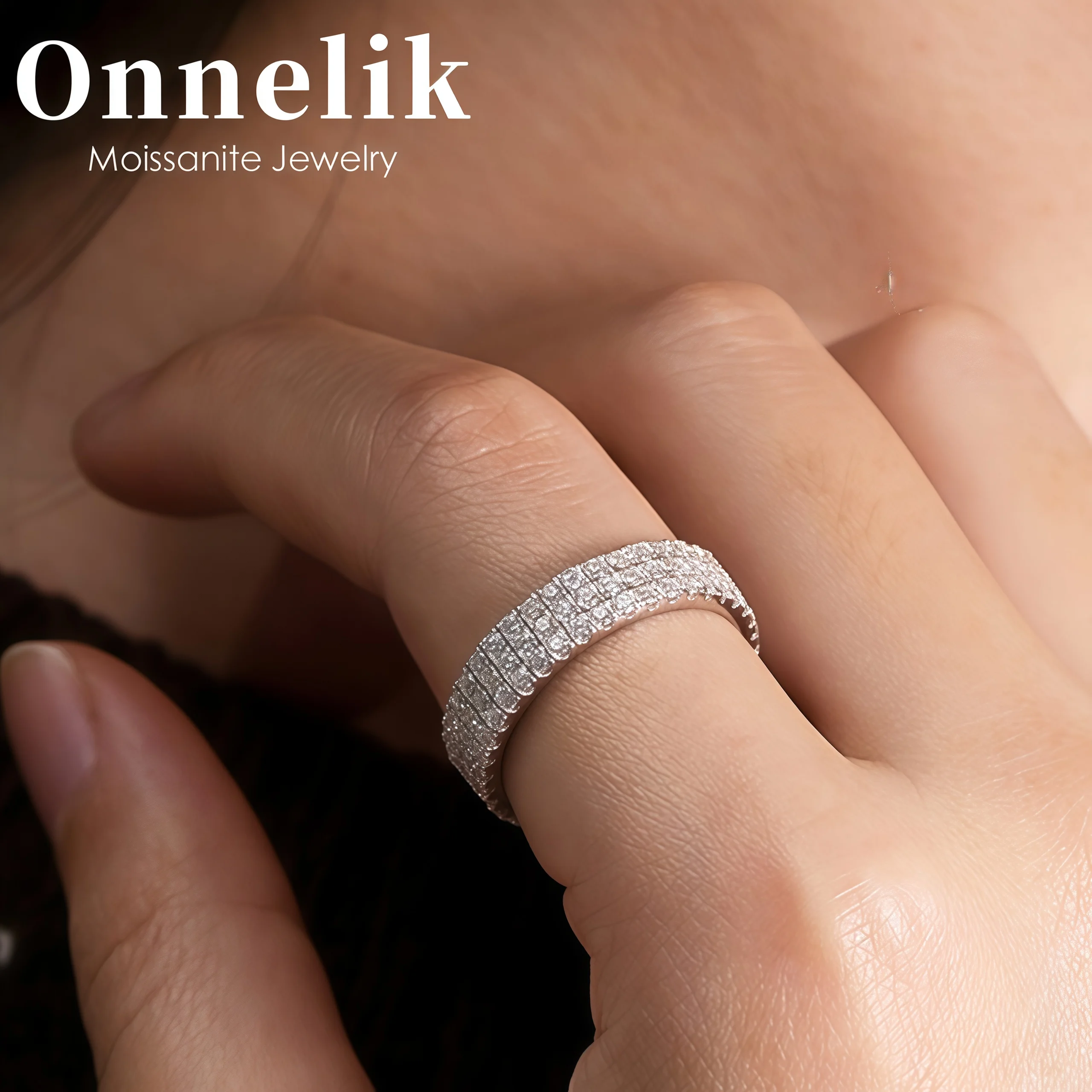 Onnelik each 1.5mm Full Moissanite Ring S925 Sterling Sliver Hip Hop Rings for Woman Man Party Sparkling Fine Jewely Gift