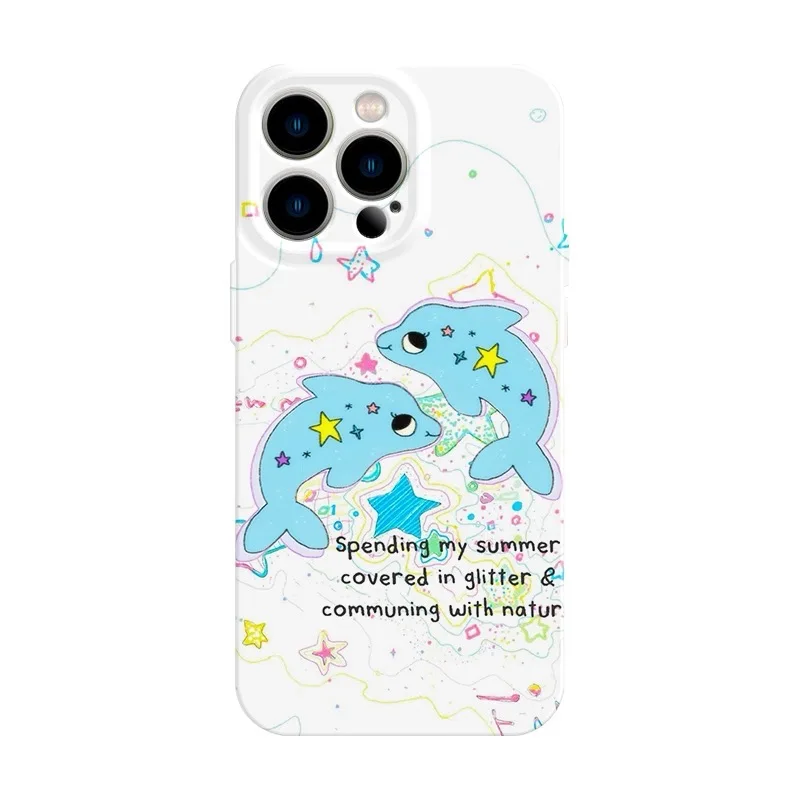 

INS KOREAN Blue Dolphin Cartoon Case for IPhone 16E 15 14 13 Pro Max 12 Mini 11 Pro Plus XR Shockproof Protective Hard PC Cover