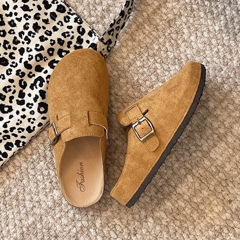 Retro Suede Adjustable Buckle Comfortable Flat Shoes for Woman Slip on Non-slip Daily Casual Women's Slippers Zapatos De Mujer
