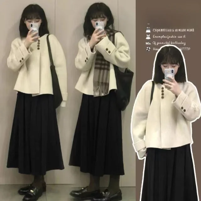 

ort Woolen Jaet Women's Korean Sle Design Autumn Winter Faion Slimming Loose Fit Upper Apparel Sweet College Sle