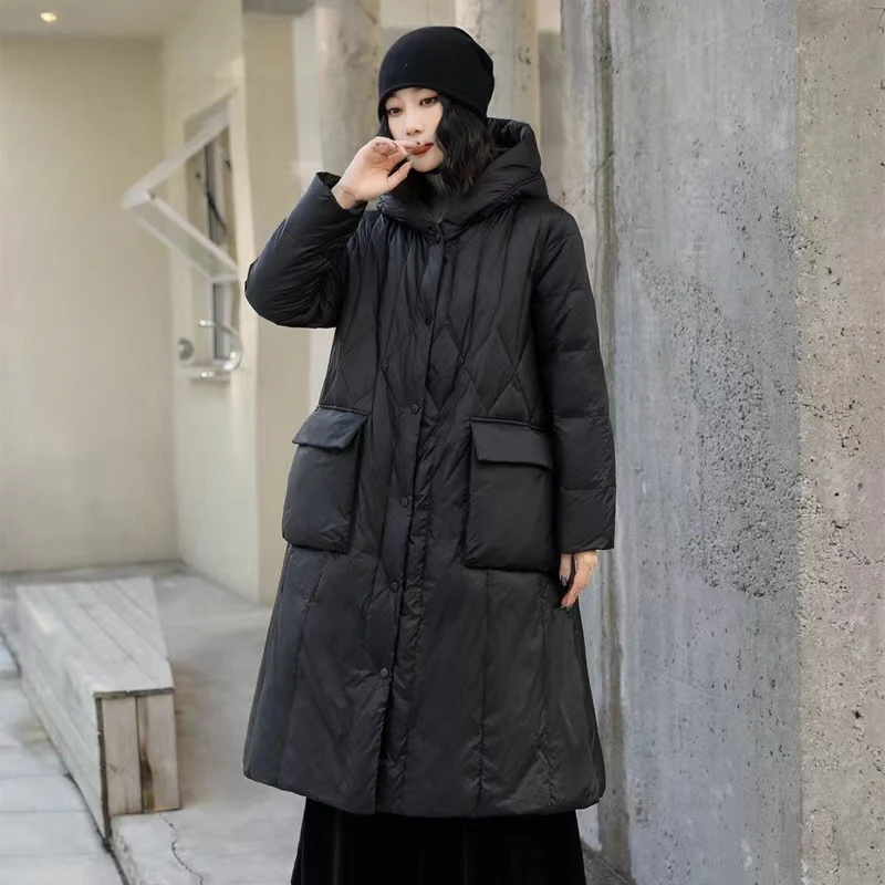 Hooded Long Down Coat with Zipper, White Duck Down, Thickened Warm Overcoats, New Fashion, Fall and Winter 2024