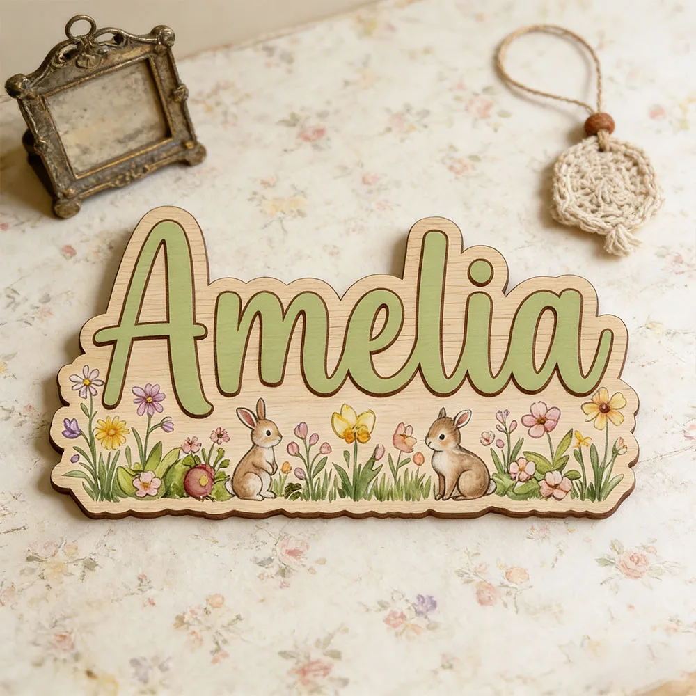 Personalized  'Two Bunnies Wildflower' Watercolor Easter Bunny Themed Plaque for Girls Nursery Bedroom Custom Name Included