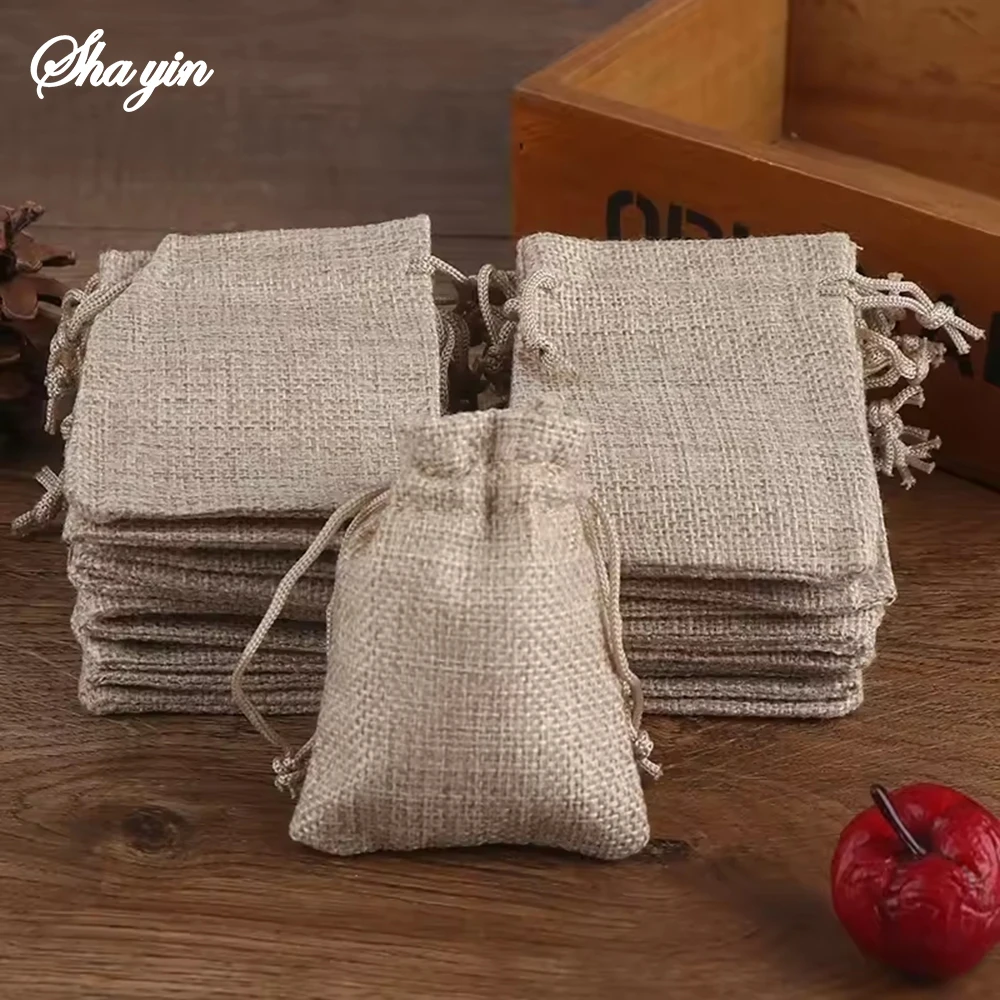 50PCS 13X18/10X15/9X12/7X9CM Drawstring Burlap Bag Jute Gift DIY Wedding Favor Gift Bag For Packaging Candy Chocolate Jewery