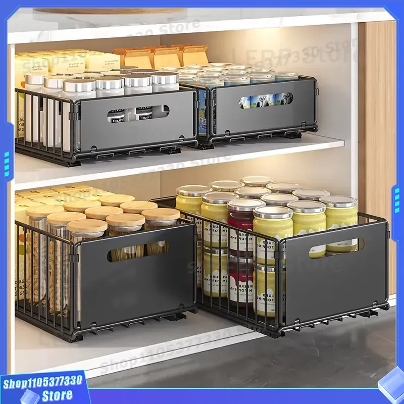 Modern Minimalist Kitchen Storage Rack Pull Out Basket Single Layer Sliding Drawer Cabinet Sink Organizer Seasoning Holder